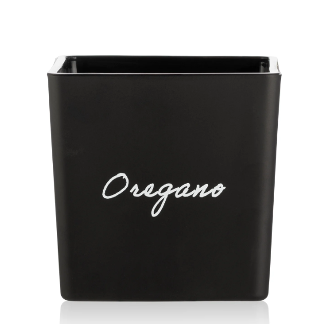 Czarna doniczka z napisem Oregano kwadratowa ze szkła 12cm