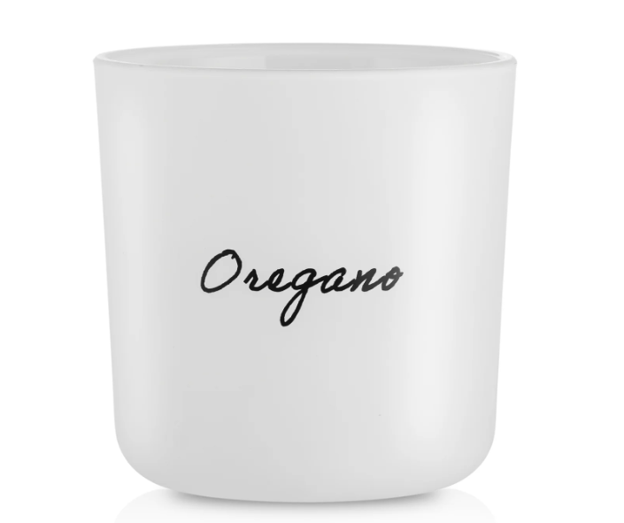 Doniczka biała ze szkła z napisem Oregano 13cm