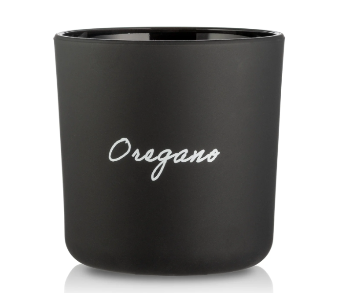 Doniczka czarna szklana z napisem oregano 13cm 