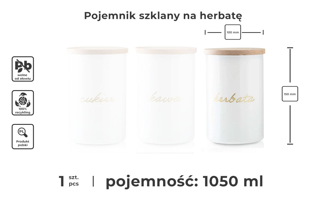 Biały pojemnik szklany na herbatę infografika