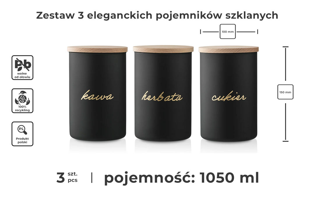 Zestaw czarnych pojemników szklanych z napisem złotym