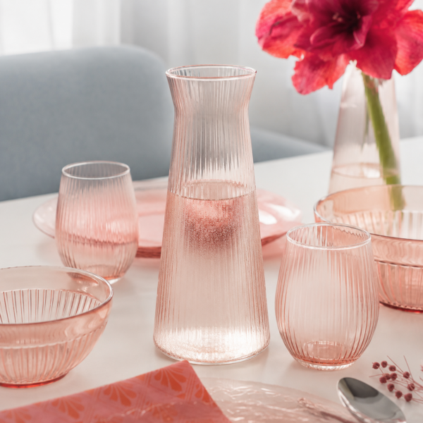Karafka szklana ryflowana ROSE różowy transparent 1l