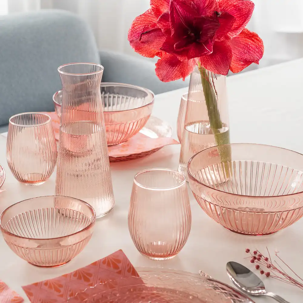 Karafka szklana ryflowana ROSE różowy transparent 1l