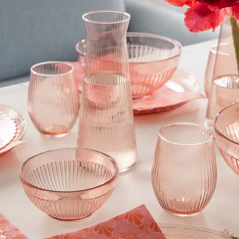 Szklanka ryflowana ROSE różowy transparent kpl 4 szt.