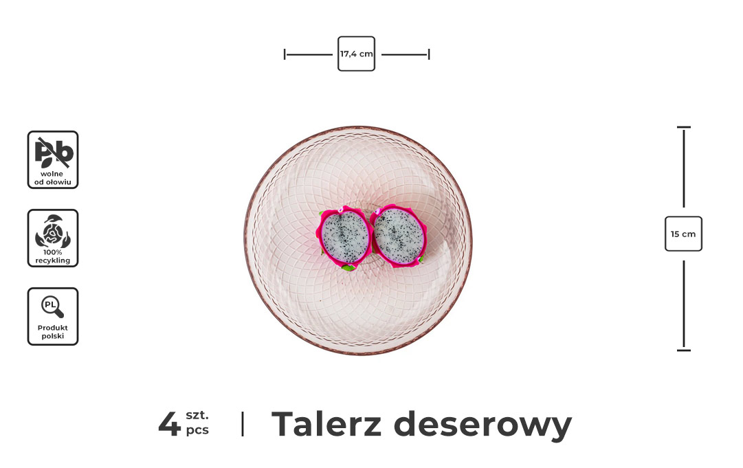 Talerz szklany deserowy płytki z połówkami owocu Dragon Fruit - infografika