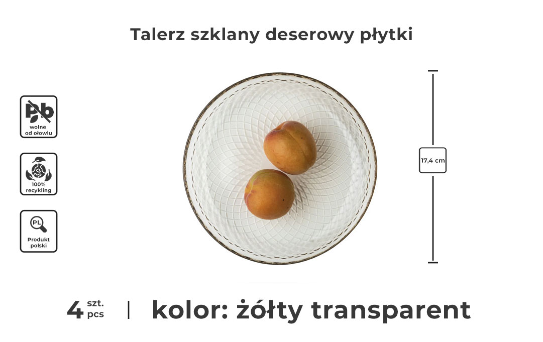 Talerz szklany deserowy płytki w kolorze żółty transparent - infografika