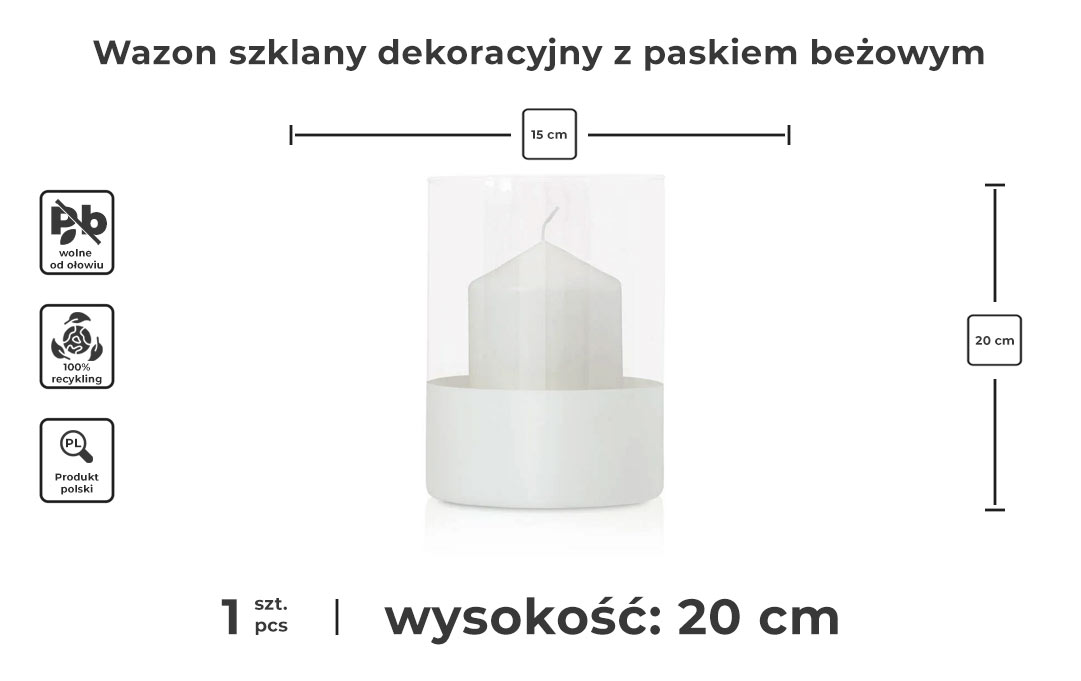 Wazon szklany dekoracyjny z paskiem beżowym infografika