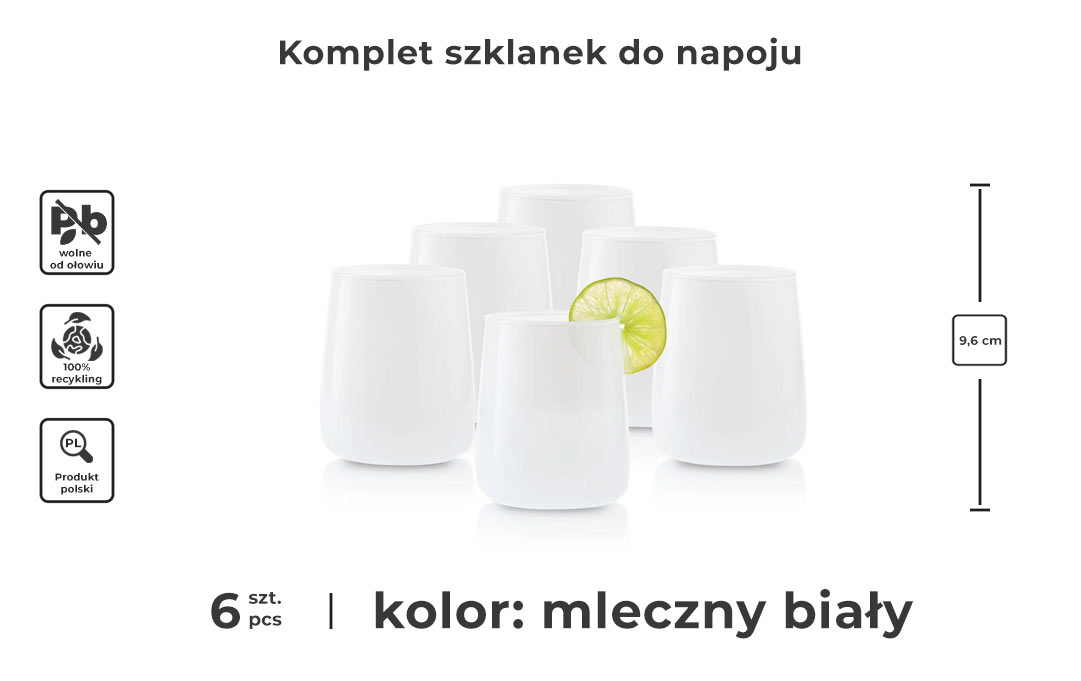 Komplet szklanek do napojów milky biały inforgafika