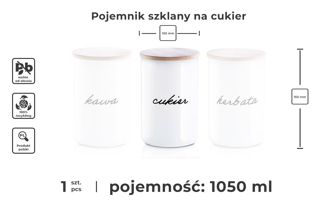 Biały pojemnik szklany na cukier z czarnym napisem