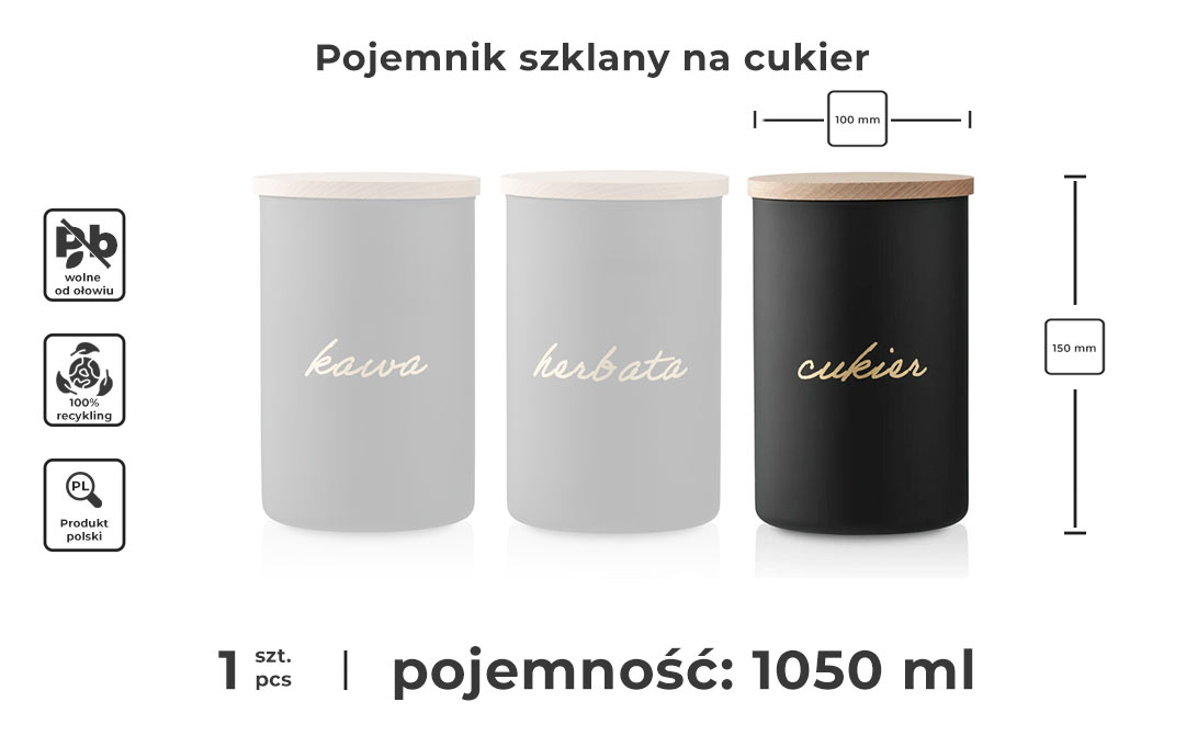 Pojemnik szklany na cukier w kolorze czarny mat ze złotym napisem