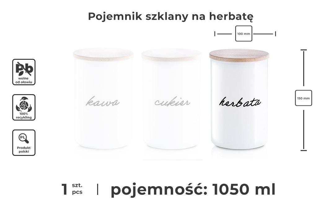 Biały pojemnik na herbatę z napisem w kolorze czarnym